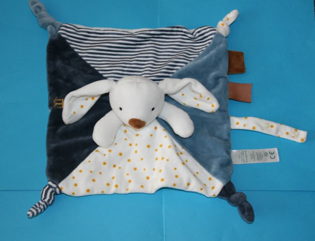 Obaibi Okaidi Doudou Lapin Plat Blanc Bleu Raye Bleu Blanc Etoiles Etat Neuf