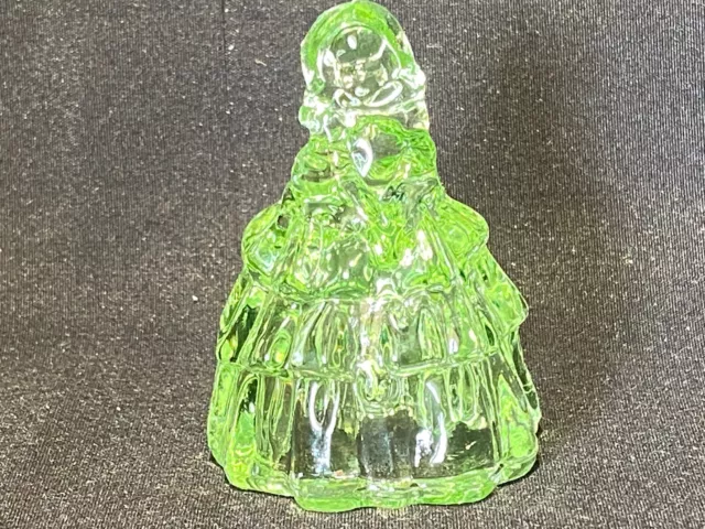 Green Vaseline uranium glass girl doll candy container woman Nancy dress / glows