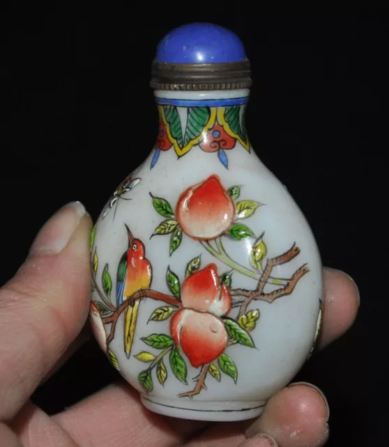 2.8" China Glass Colored glaze painting fengshui Peach bird snuff bottle statue 3