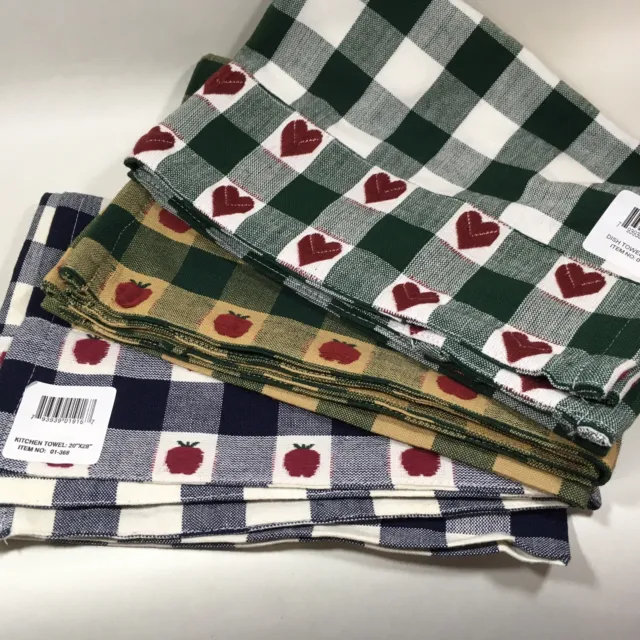 Decorative Dish Towel Apple Heart Embroidered Country Plaid Farmhouse Lot 3