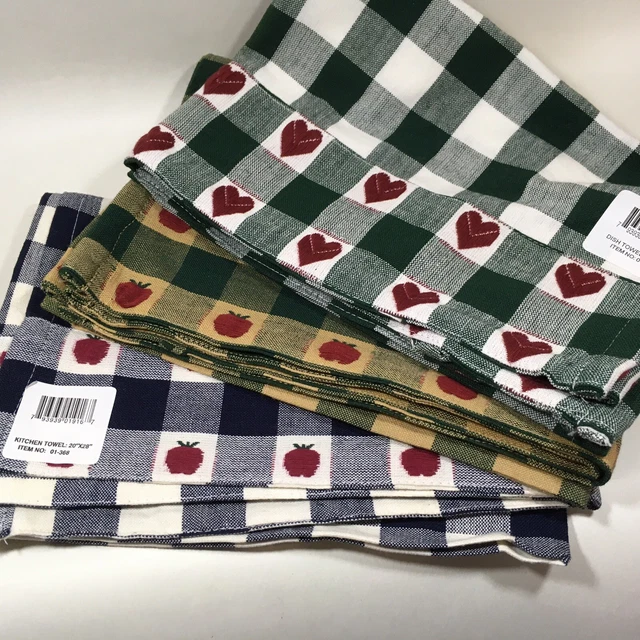 Decorative Dish Towel Apple Heart Embroidered Country Plaid Farmhouse Lot 3