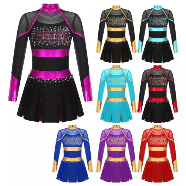 UK Kids Girls Uniform Metallic Shiny Dress Cheer Leader Dress Competition Dance