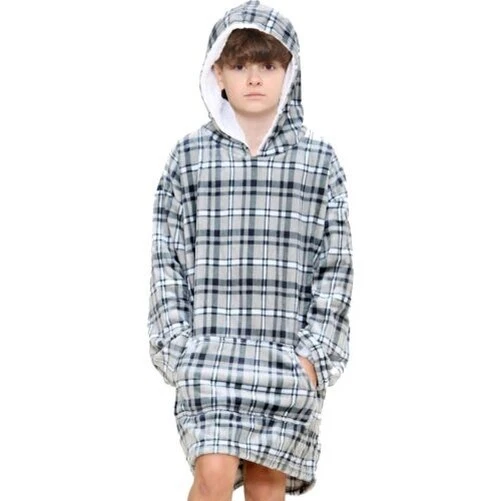Bambine Ragazzi Oversize Felpa con Cappuccio Grigio Tartan Stampato Snuggle Soft