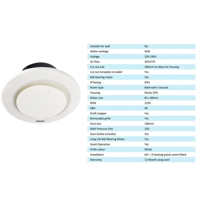 Heller 25cm Ventilating Ducted Round Ceiling Bathroom Air Flow Exhaust Fan White 2