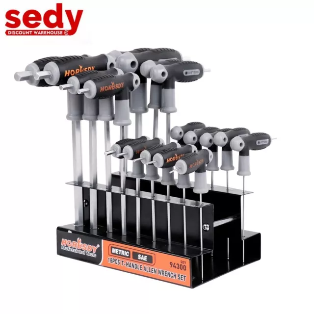 18Pc SAE & Metric T Handle Allen Wrench Ball End Hex Key Set w/Storage Stand