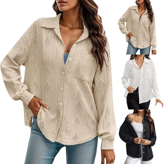 Ladies Autumn Winter Casual Comfortable Versatile Turn Down Collar Button Solid