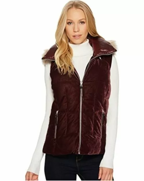 Nwt Marc New York By Andrew Marc Fur Trim Hood Velvet Down Jacket Coat Vest L Lg