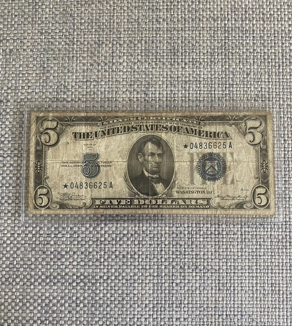 1934-A $5 Five Dollar Silver Certificate Duplicate Print STAR Note Grade Fine