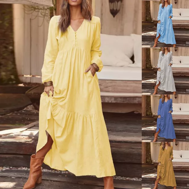 Estate Donna Cotone Lino Abito Lungo Manica Scollo A V Pareo Mare Prendisole