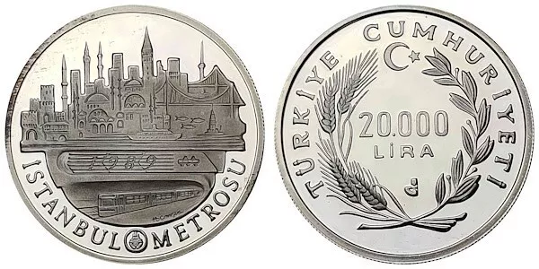 TURKEY 1989,  20000 Lira, Istanbul Metro, KM#1013, Silver Coin, 925 Ag