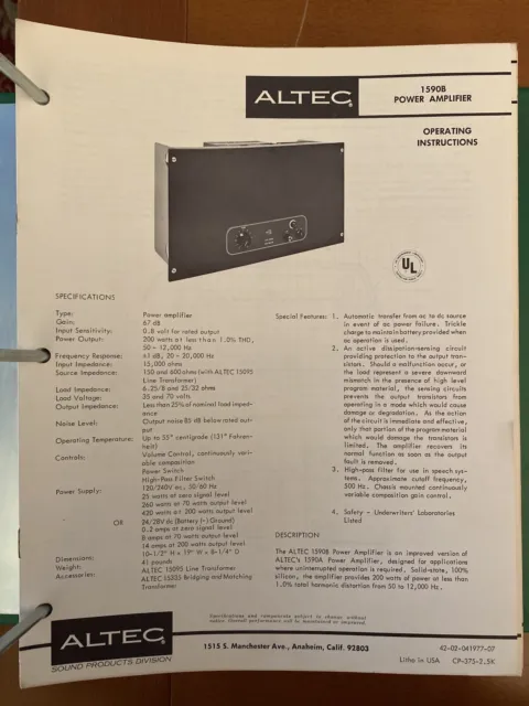 ALTEC LANSING 1590B - Original Technical Specifications and Schematic