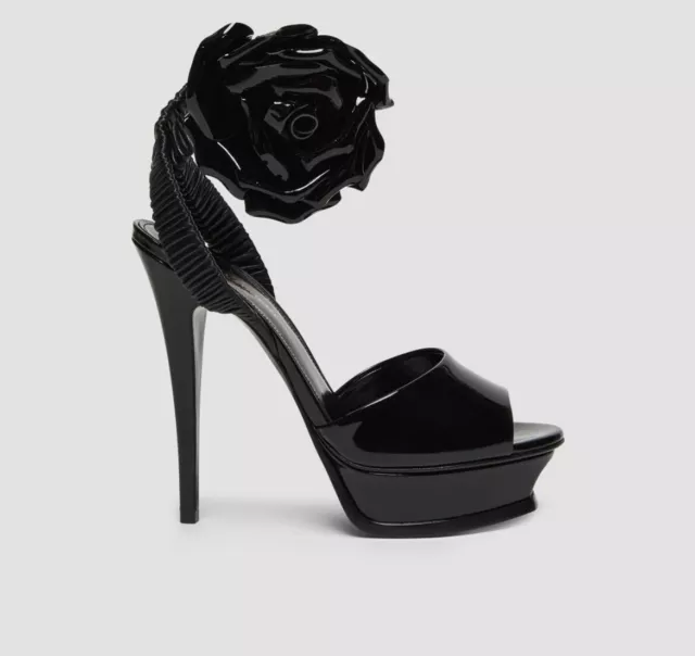 NEW SAINT LAURENT Black Patent Leather Rose Ankle Strap Platform Shoes ...