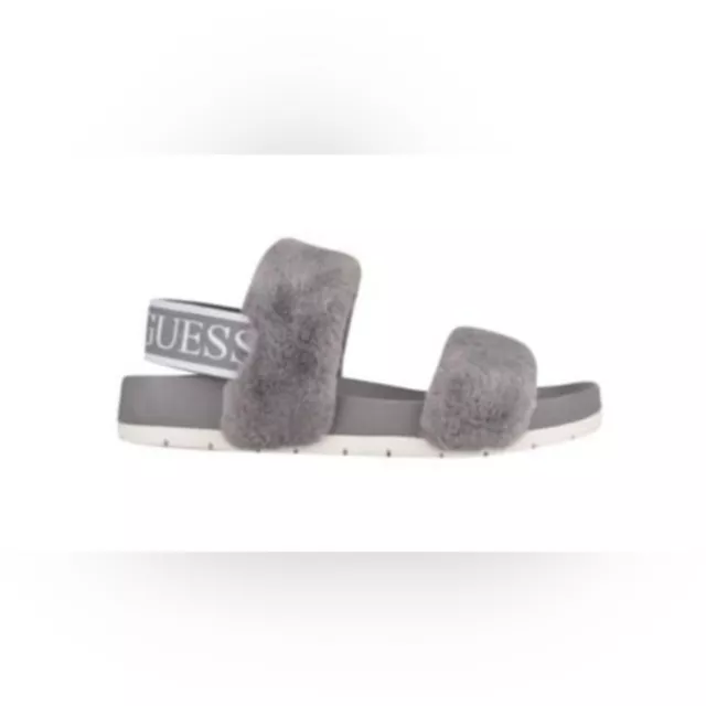 Guess Women’s Fabin Furry Logo Sandals Size 7.5 Gray Silver
