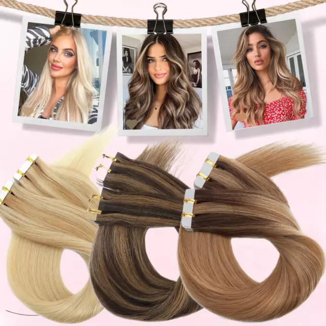 AU CLEARANCE Tape In On Russian Remy Human Hair Extensions Skin Weft Ombre THICK 2