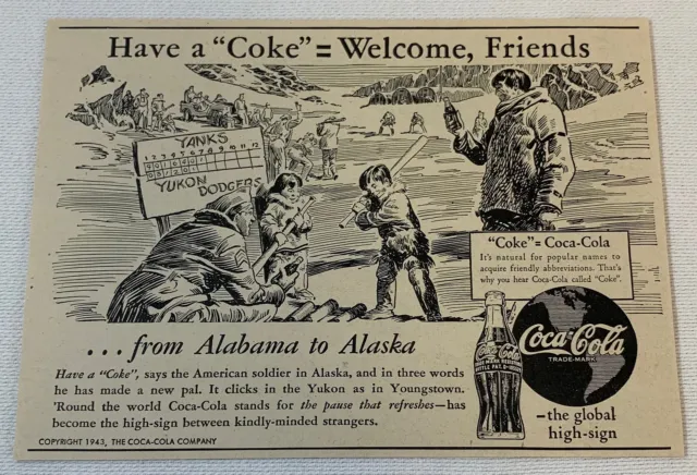 1943 Coca Cola Campagna Pubblicitaria ~ Da Alabama To Alaska ~ Baseball