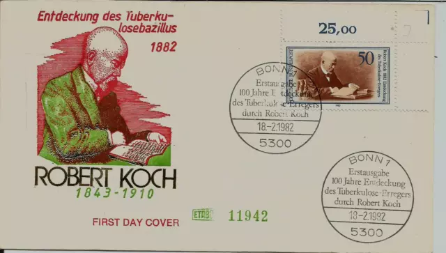 BRD FDC MiNr 1122 (3Ge) Rand 100. Jahrestag Entdeckung des TBC-Erregers -R.Koch-