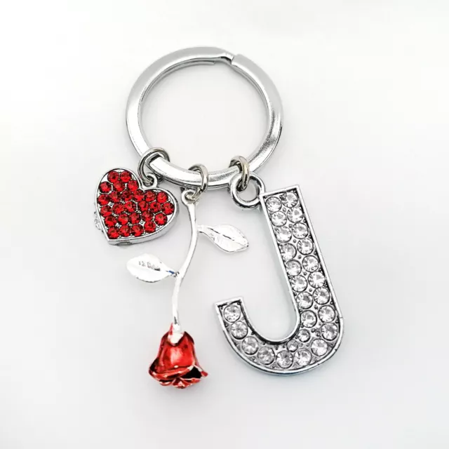 Diamantkristall Initiale, rote Rose & Kristall Herz personalisierter Schlüsselring Geschenk