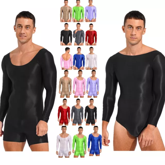 Mens Glossy Smooth Bodysuit One Piece Long Sleeve Stretchy Leotard Jumpsuit