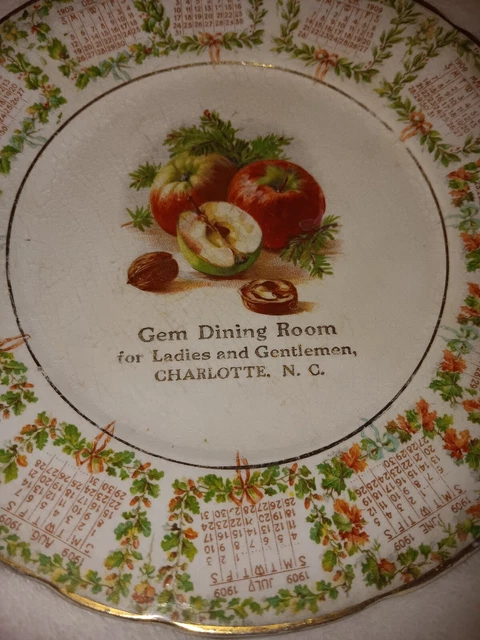 ANTIQUE Calendar Plate Gem Dining Room for Ladies and Gentlemen CharlotteNC 1909