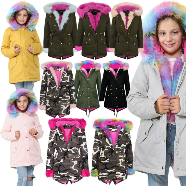 Kids Hooded Jacket Girls Rainbow Fur Parka School Jackets Outwear Coat 7-13 Year