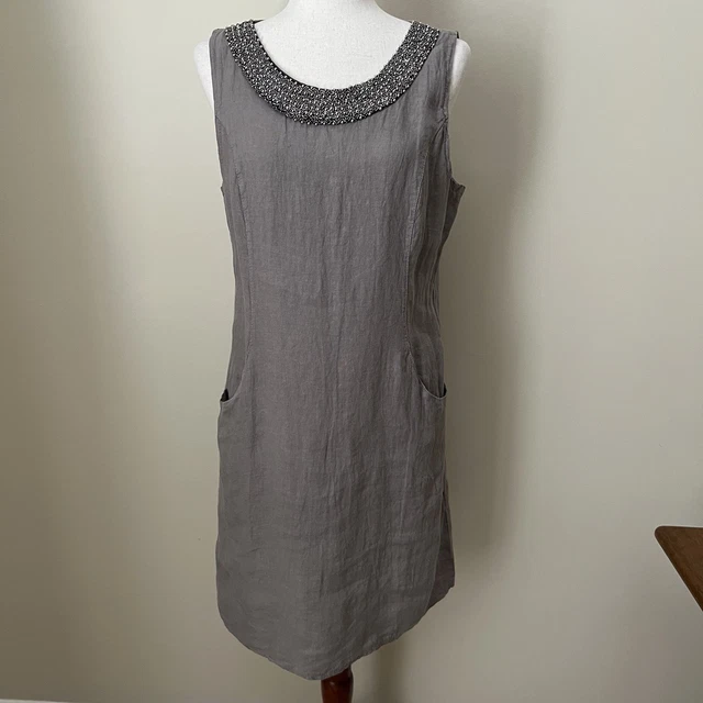 NWT LINA TOMEI Womens Sheath Dress Sz M Gray 100% Linen Stretch Beaded  Pockets $28.95 - PicClick