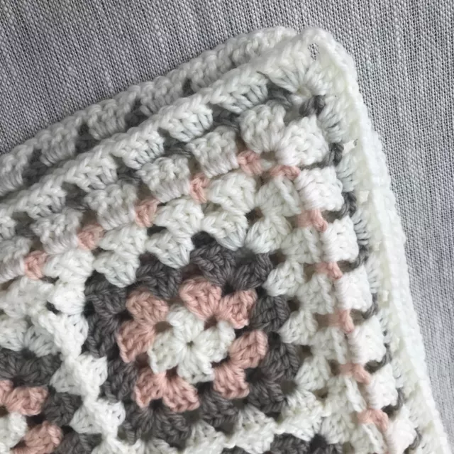 Baby Blanket Crochet Granny Square Blush Pink, Light Brown Grey and Cream 3