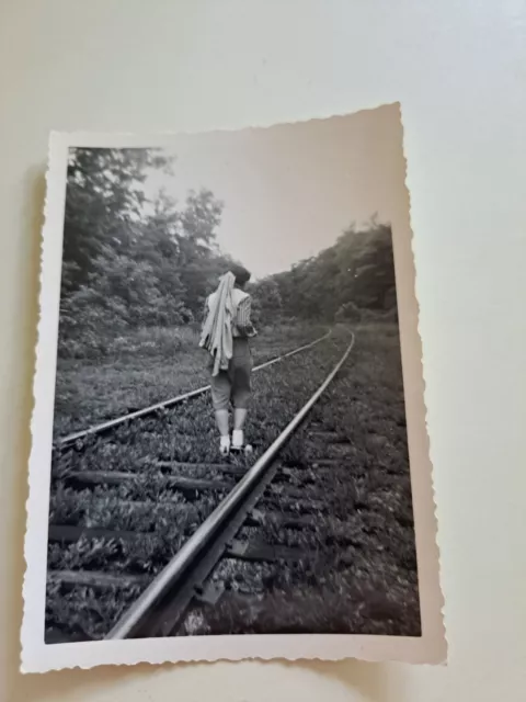 Vintage 1950s Photograph Girl Railroad Tracks Pedal Pushers Saddle Shoes