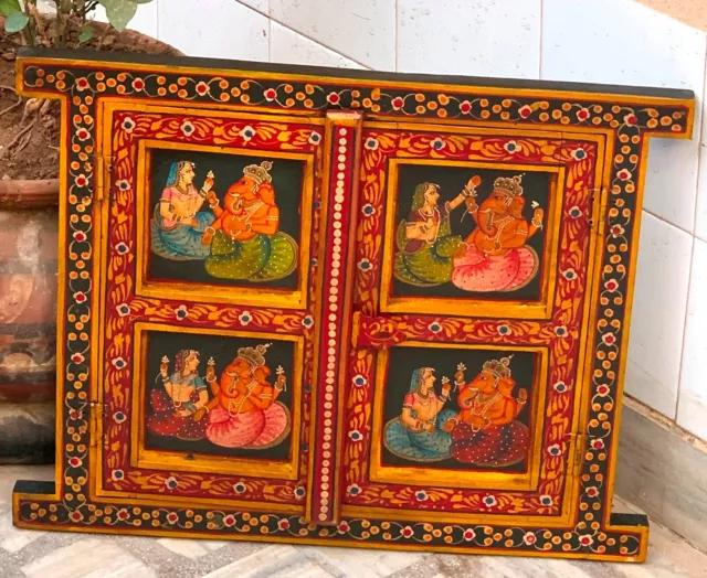 Hand painted lord ganesha wooden window wall hanging jharokha Indian frame decor