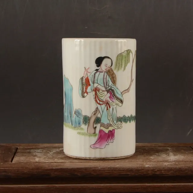 4.5" Collect China Famille Rose Porcelain Hand Painting Maidservant Brush Pot