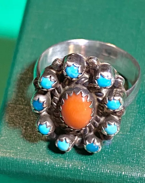 Old Pawn Navajo signed Sterling Silver Snake-Eye Turquoise Coral 925 Ring 6.25