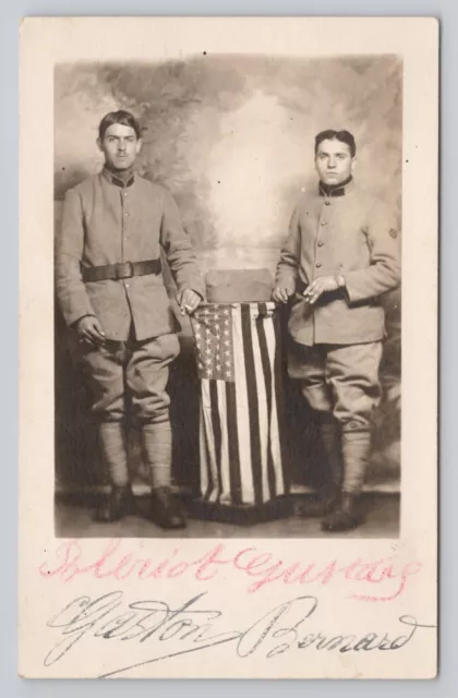 WWI Soldiers Holding American Flag Signed Studio Photo Real Photo RPPC