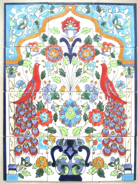 18" x 24 Ceramic tile art Mosaic wall mural PEACOCKS floral BACKSPLASH