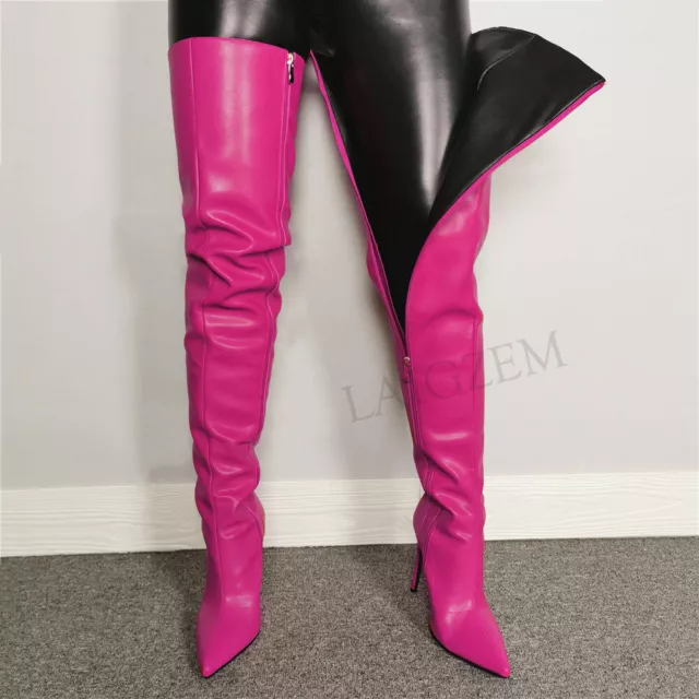 Women Crotch High Boots Faux Leather High Heels Side Zip Over Knee Boots Shoes