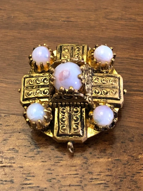 Broche Vintage Brutaliste Années 1960 – Bronze Et Verre Opalin – Occasion