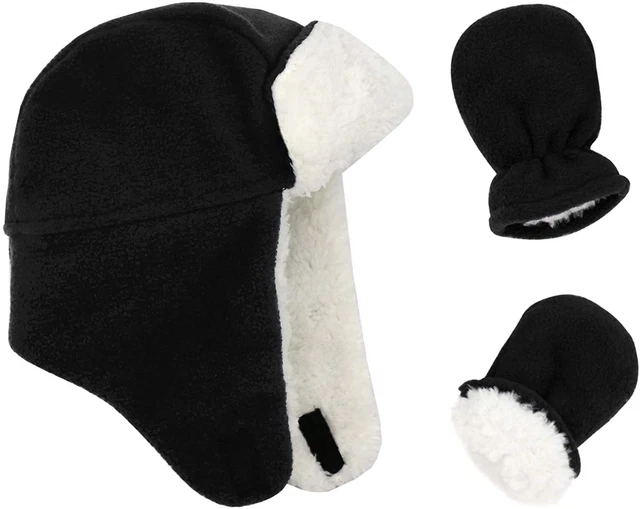 Baby Boy Sherpa Hats and Mittens Set Toddler Gloves Warm Fleece, Black, Size