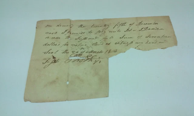 1804 Hand Written Document Loan Of Seventeen Dollars To Be Paid In 9 Months