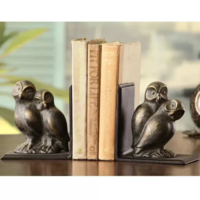 Metal Bronze Brown Color Nature Theme Loving Owls Book Ends 6.5” H