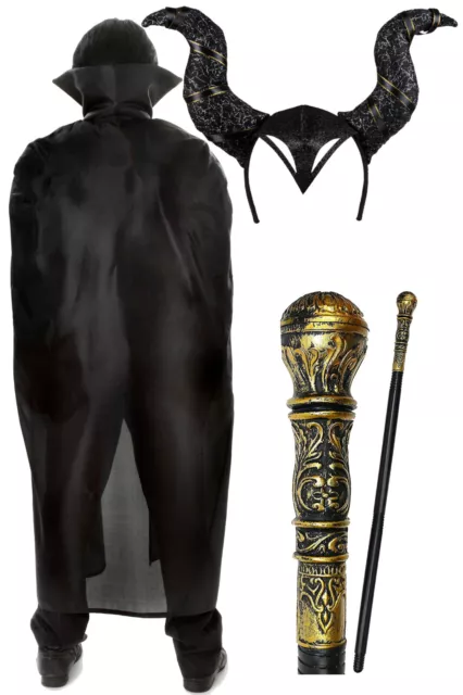 Women's Halloween Evil Queen Witch Black Cape, Horns & Cane Fancy Dress Costume