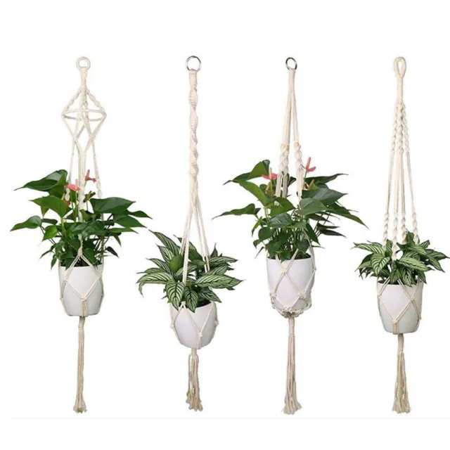 4Pcs Macrame Jute Plant Hanger Flower Pot Holder Wall Art Garden Hanging Rope Us