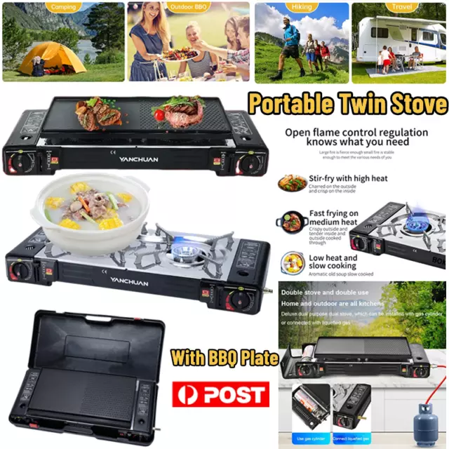 Portable Outdoor Twin Stove Camping Hiking 2 Burner Gas Grill BBQ Cooker+Plate A