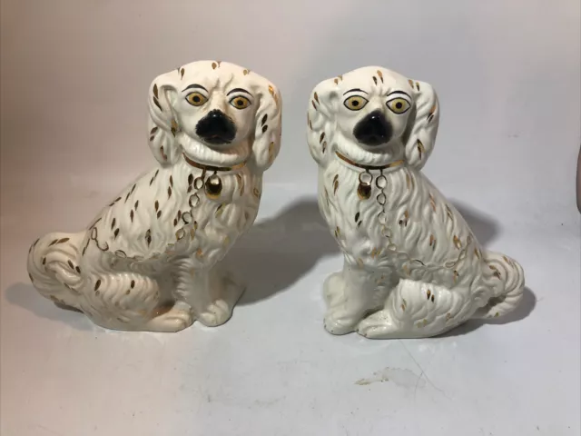 Antique Staffordshire Spaniel Dogs Pair Dog 7 3/4" Signed Nice!