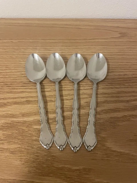 4 - Oneida Community SATINIQUE Satin Scrolls Stainless Flatware 6" TEASPOONS