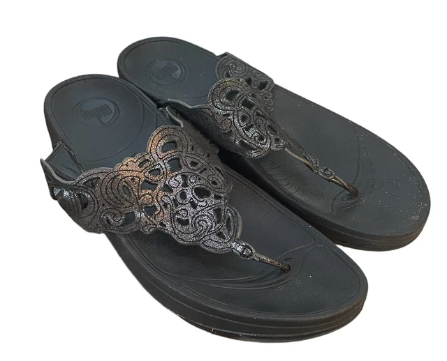Fitflop Womens Flora Sandals Wedge Black Leather Celtic Thong Slip On Size 11 US