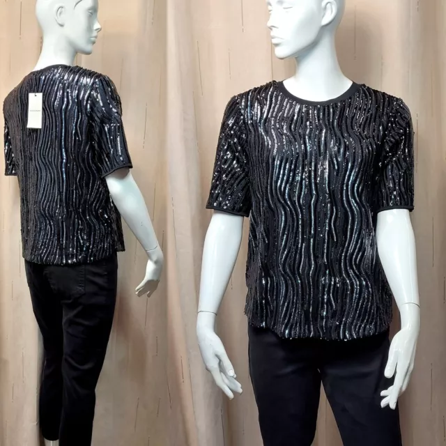 M&S AUTOGRAPH Fully SEQUINED Short Sleeve TOP ~ Size 12 ~ BLACK & SILVER Mix