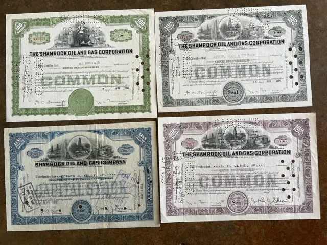 Lot of 4 Vintage Shamrock Oil & Gas Corp Stock Certificates