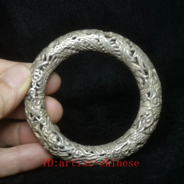 Old China Tibet Silver Carving Dragon and Phoenix Bracelet Gift Collection 61 MM