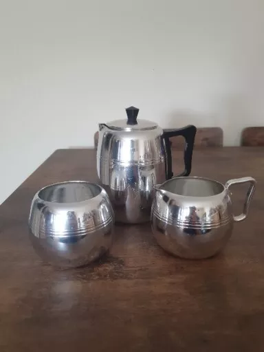 Vintage Towerbrite Anodised Aluminium Teaset 3 Piece Cream,Sugar & Milk