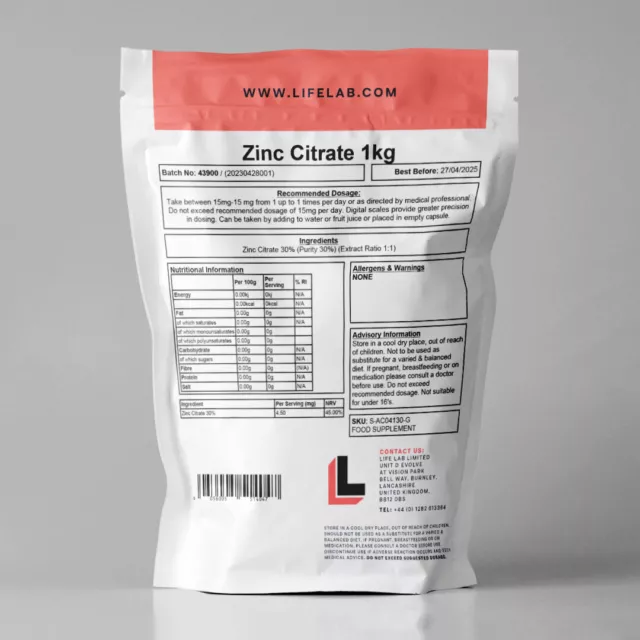 Zinc Citrate Powder High Strength Immune Support Health Acne Supplement All Size 2