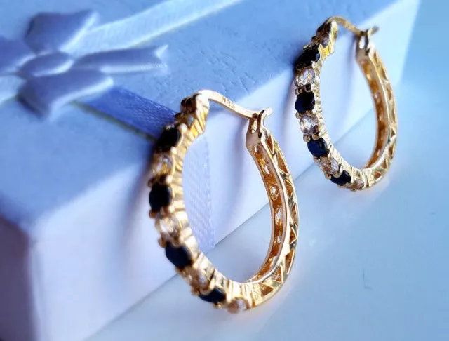 Blue Genuine Sapphire & White Topaz  18K Gold 925 Sterling Silver  Hoop Earrings