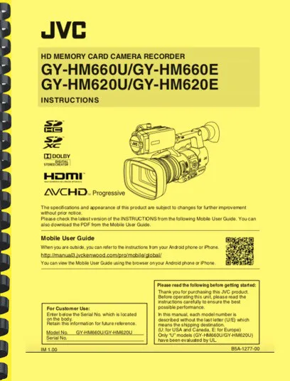 JVC GY-HM660 GY-HM620 Video Camera Owner's Manual